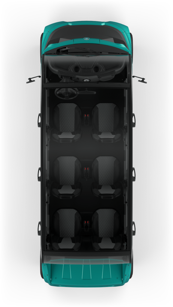 Aerial view inside a 6 seater teal electric vehicle