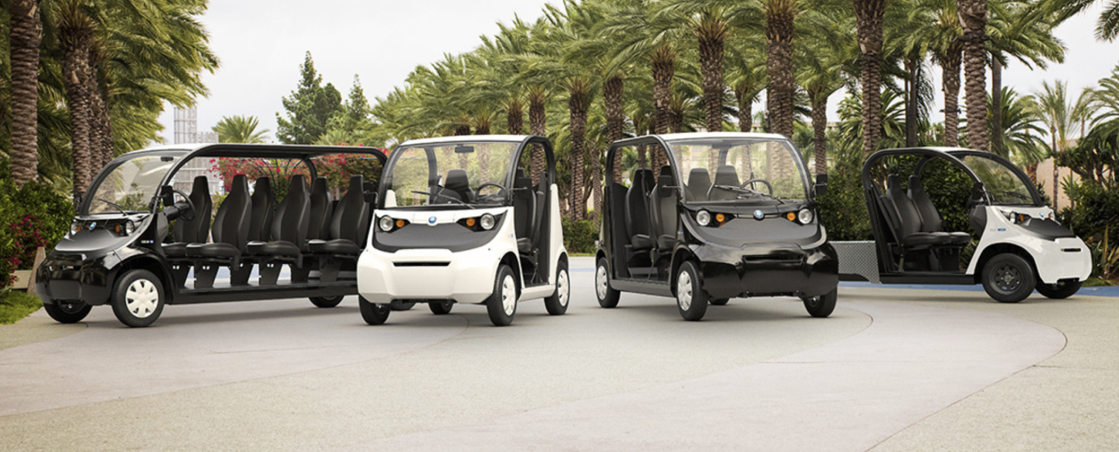 Lineup shot of electric vehicle options under palm trees