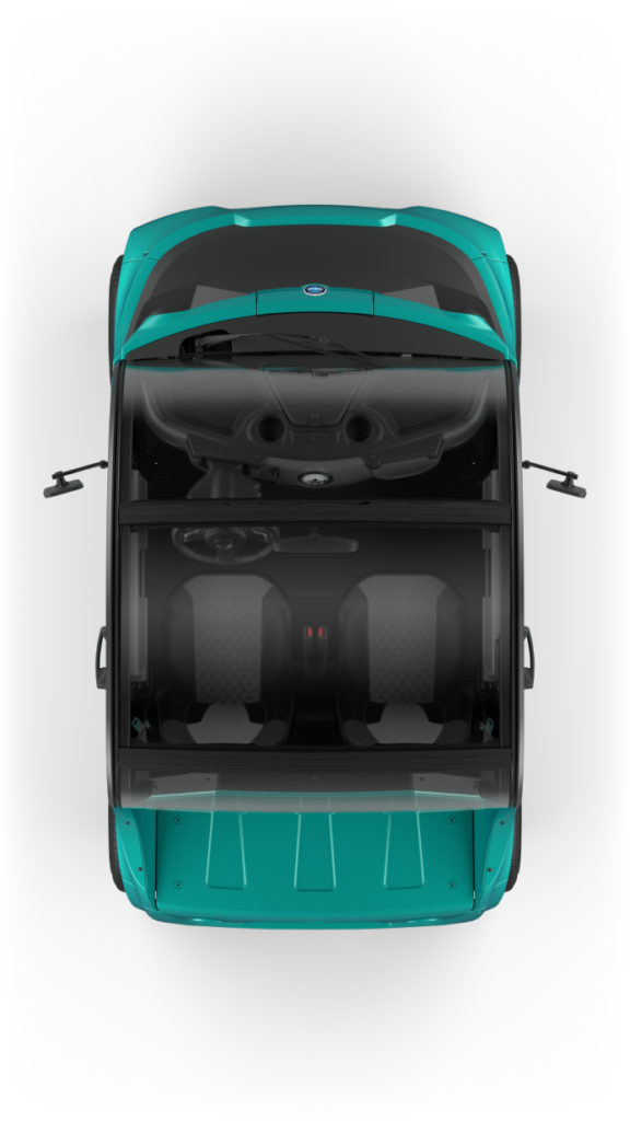 Aerial shot inside a teal electric vehicle