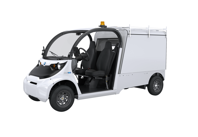 White electric delivery vehicle