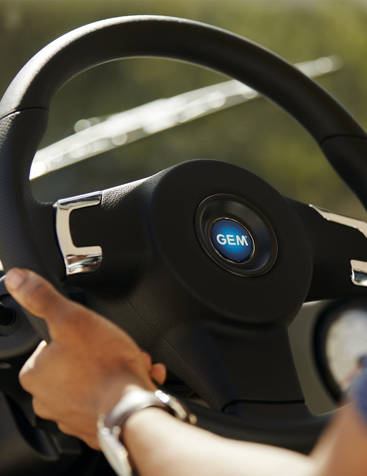 Close up of GEM electric vehicle steering wheel with blue GEM logo