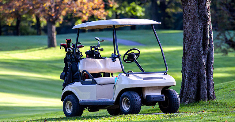 outdoor shot of a golf cart on on a green course