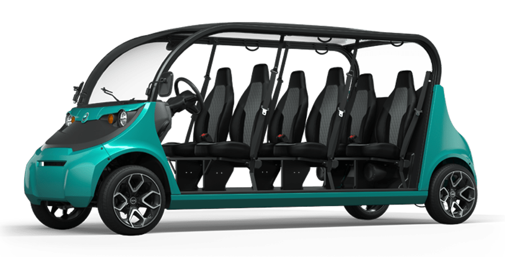 A teal six seater electric vehicle