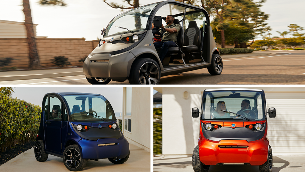 collage of pictures in 3 parts: A man riding down the street in a gray electric vehicle, a blue electric vehicle in the driveway, a man and a woman in an orange electric vehicle