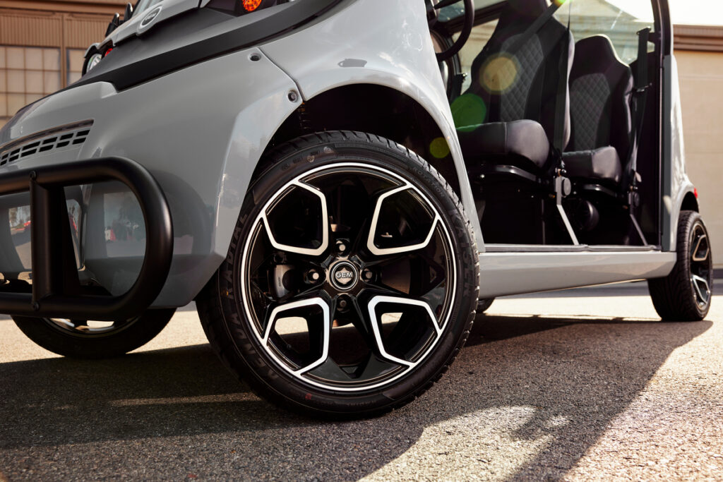 GEM electric vehicle sport wheels and rugged bumper