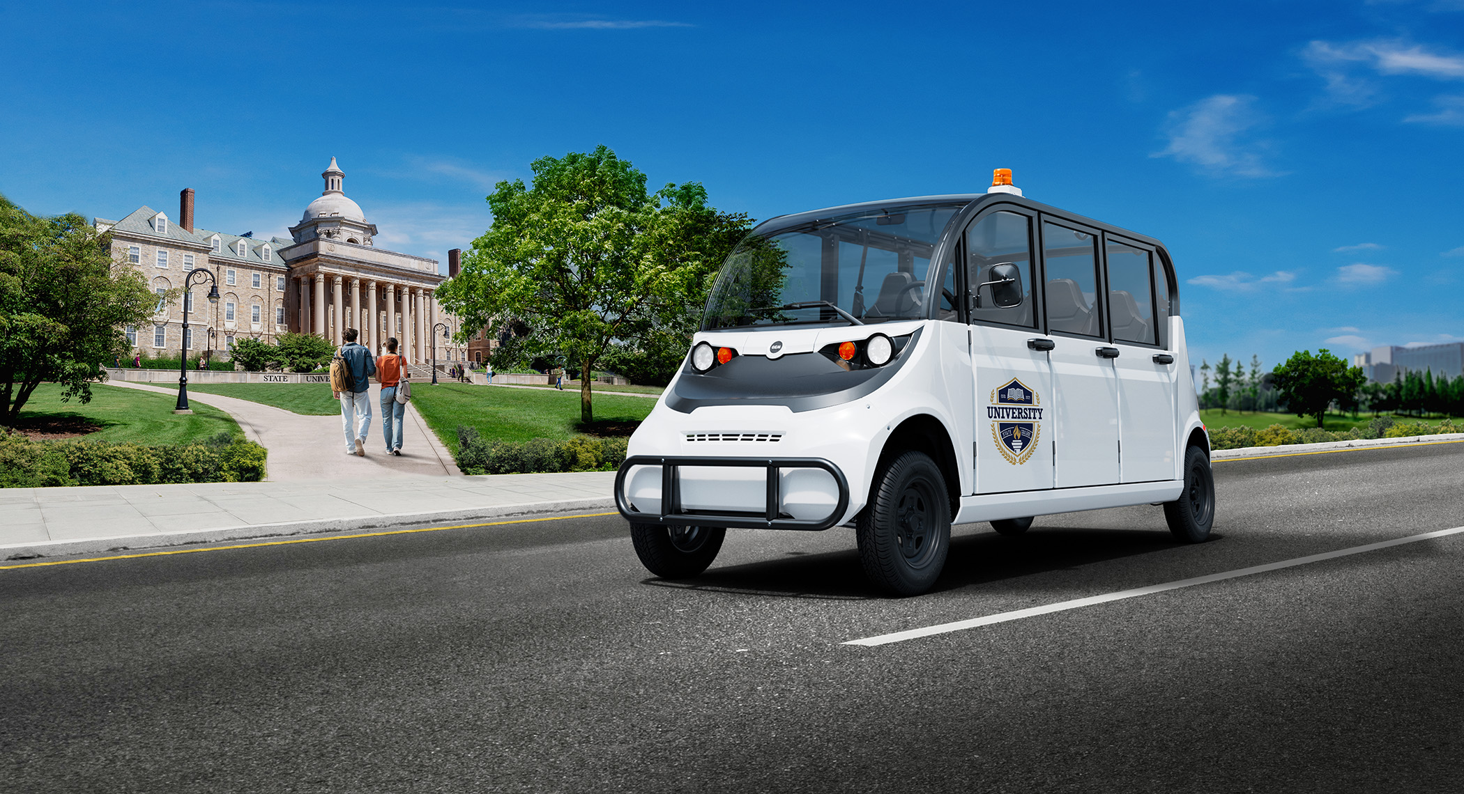 GEM E6 electric shuttle on campus with passengers